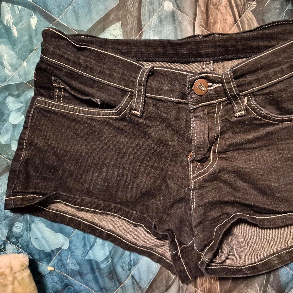 Womens Black Denim Shorts White Contrast Stitching Low Rise Mini Size XS